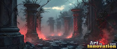 Crumbling tall stone pillars line a rocky path shrouded in red mist under a dark sky
