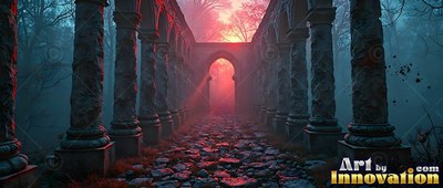 In a foggy dark forest, a stone path runs between pillars toward a red arch