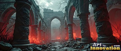 Standing in thick low red mist, curved stone arches and broken pillars line a path at twilight