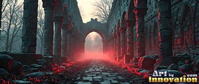 Stone ruins with an archway over a path in low red mist