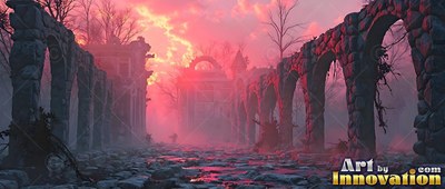 Crumbling gray stone arches line a wet path through gothic ruins under a red twilight sky