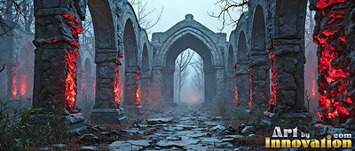 Gray stone arches line a path through bare trees, marked by bright red cracks in the pillars