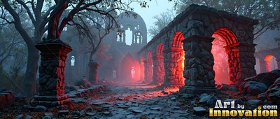Facing down a stone path through ruined gothic arches filled with bright red light