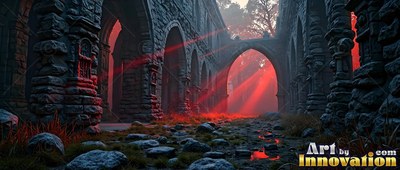 Red light beams shine through stone arches into a ruined courtyard