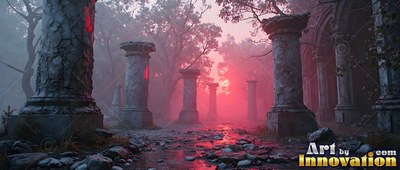 In a forest covered in thick red mist, cracked heavy stone pillars line a wet rocky path