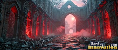 Standing open under dusk skies, ruined stone arches frame red fog along a path