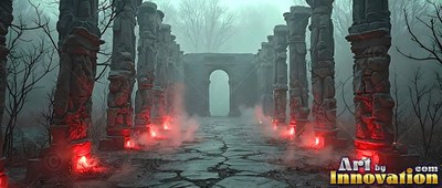 Stone pillars with red lights line a misty path to an archway