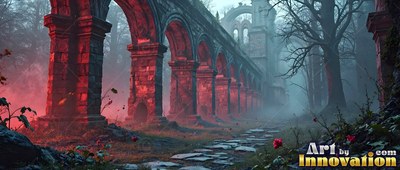 Chipped curved stone arches touched by red haze stand beside a path in a foggy forest