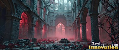 Stone cathedral ruins surround a broken courtyard thick with red mist and soft pink light