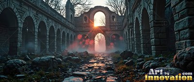 Viewed straight on down a stone courtyard of ruins toward sunset arches