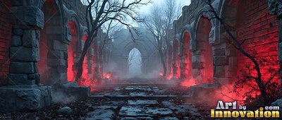 Old stone ruins line a path where red illumination shines through fog under bare trees