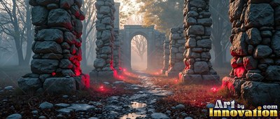 In a misty forest, broken stone ruins flank a path lit with pale red light
