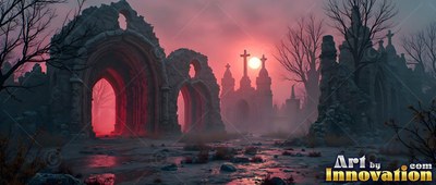 Standing in thick red mist, broken curved stone arches and crosses face a pale twilight sun