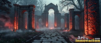 Stone arch ruins beside a paved path in red and gray fog