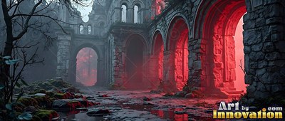 Crumbling old stone arches filled with thick red fog line a wet, ruined courtyard at twilight