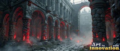 Old stone arches line a cobblestone path filled with gray fog and pale red light under twilight sky