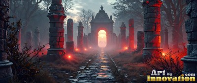 Facing down a stone path lined with ruins toward a bright arch in pale red fog