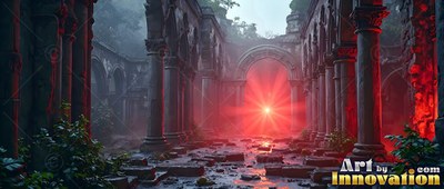 Bright pale red light shines through an arch in crumbling stone cathedral ruins