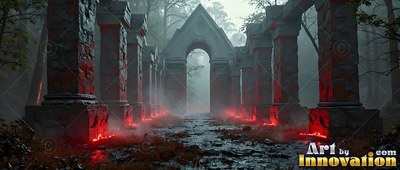 In a misty forest, stone ruins line a dark path lit by red light at the bases