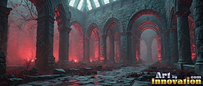 Rising through thick red fog, ruined tall stone arches line a path under high windows