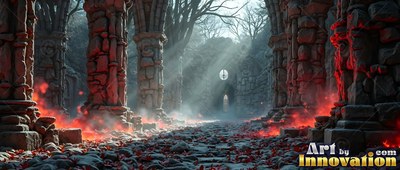 Upright stone pillars lined with red smoke under pale sun beams