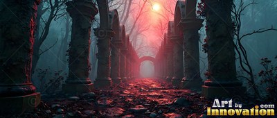Moss-covered old stone pillars line a rocky path in gothic ruins under red sky light