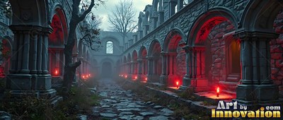 Old stone arches flank a cobblestone path lined with small red flames in the fog