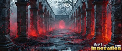 Facing down a stone archway corridor thick with red smoke at dusk