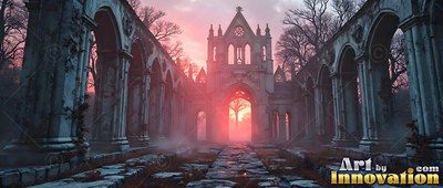 Old stone church ruins with archways framing a red sunset sky