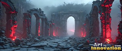 Along a foggy stone path, weathered stone arches stand lit by red firelight