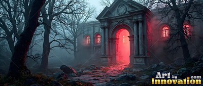 Shining bright red from within, an old stone building stands in a misty wood