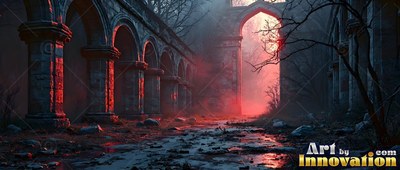 Stone arches in a ruined courtyard under thick red mist and twilight light