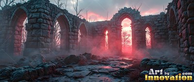 Crumbled gray stone arches stand over a rocky path in ruins thick with dense red fog