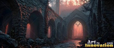 Stone archways stand along a ruined courtyard under soft pink evening light