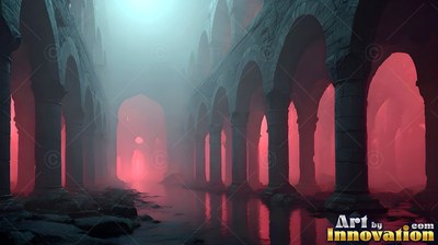Looking down flooded stone arches of a dark gothic hall heavy with red haze