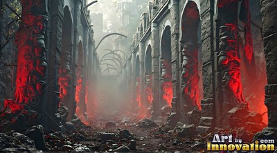 Curved stone arches line a ruined courtyard filled with pale red light and fog
