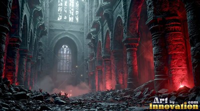 In a ruined cathedral, red smoke drifts over rubble between stone columns