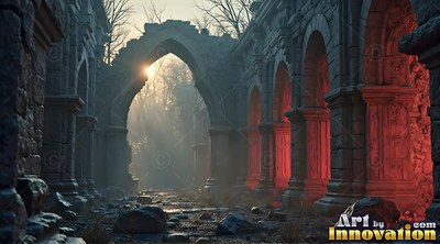 Catching pale sunbeams, ruined tall stone arches flank a rocky path in red haze