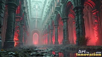 Stone cathedral ruins with red light between tall pillars