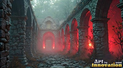 Rough tall stone arches frame a ruined courtyard heavy with hazy red mist at twilight