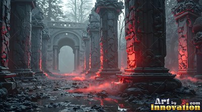 Crumbling upright stone pillars stand in gray fog with red illumination shining through cracks