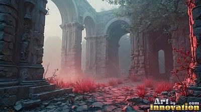 Facing forward in stone ruins with red grass growing under foggy arches