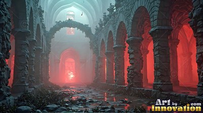 A ruined stone clo ister fills with pale fog and bright red light