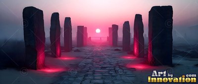 In a misty stone corridor at sunset, dark pillars stand along a cobblestone path
