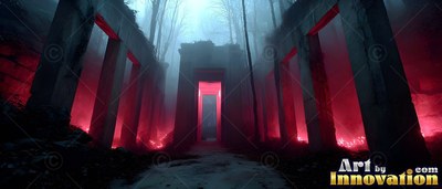 Standing in dense fog, decaying stone pillars fill with bright red light in a dark forest