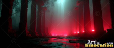 Upright stone pillars inside dark ruins with pale red fog and pale light