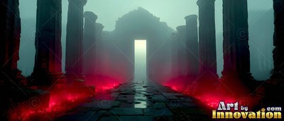 Broken stone pillars line a wet hallway of temple ruins in red and green fog