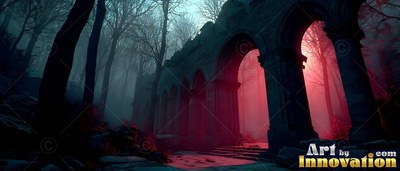 Angled from below in a dark forest, stone ruins open into thick red fog