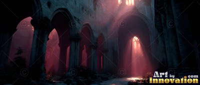 Arched stone abbey ruins filled with hazy pale red light coming through high windows