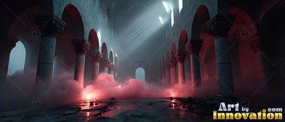 In a dark cathedral ruin, thick red smoke drifts across the stone floor
